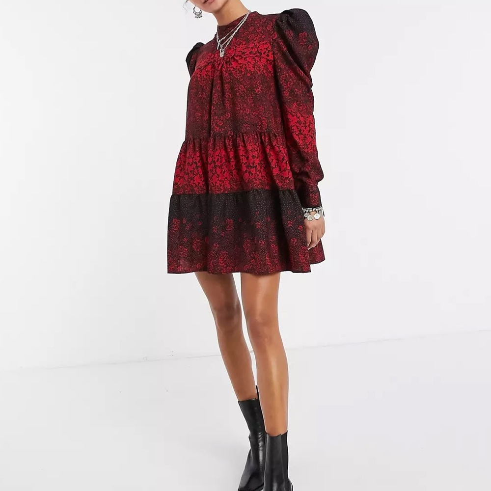 Topshop | Red and Black High Neck Puff Sleeve Mini Dress  | US 4 New with Tags